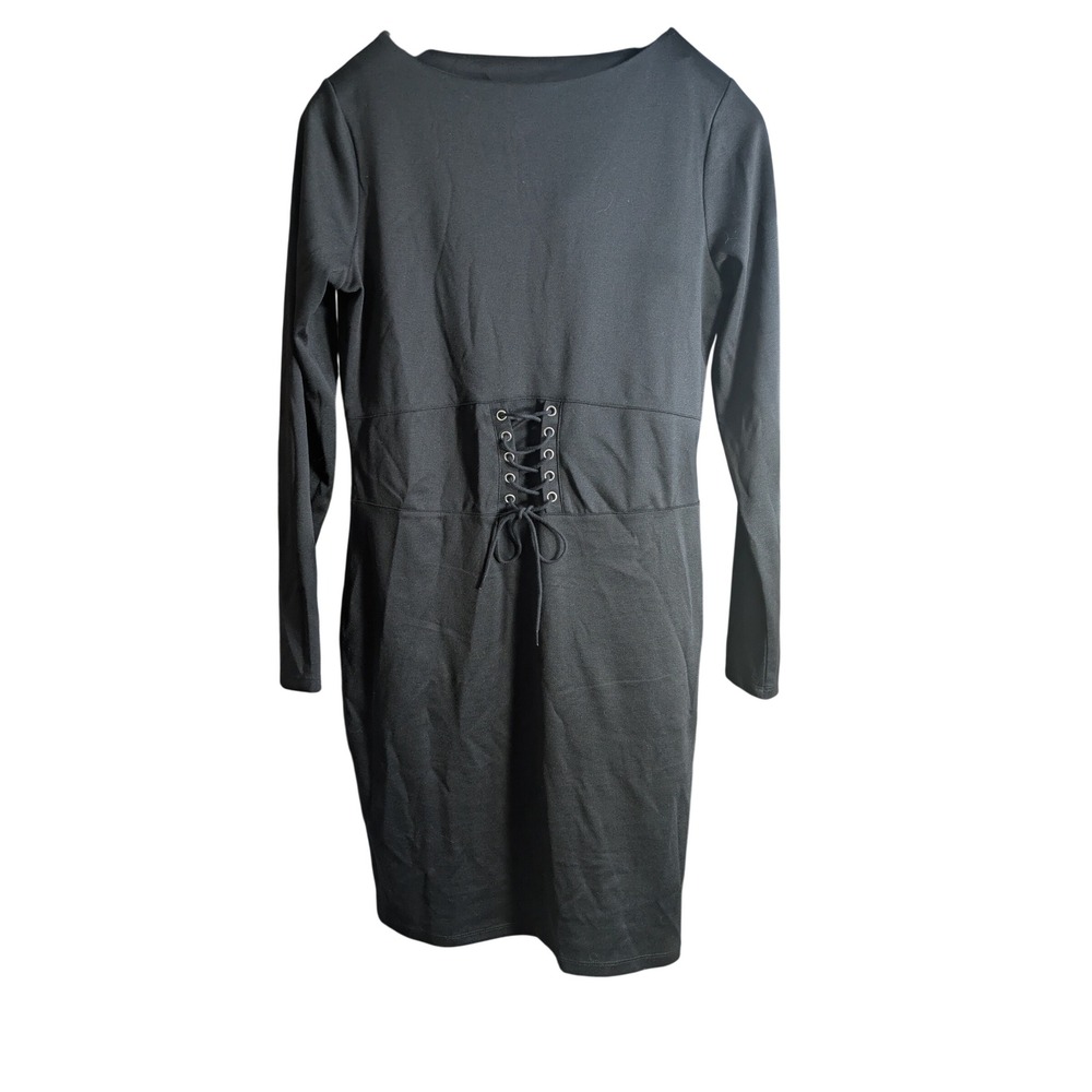 H&M Vampy Goth Bodycon Faux Corset Lace Up Long Sleeve Dress 16 - Picture 2 of 9